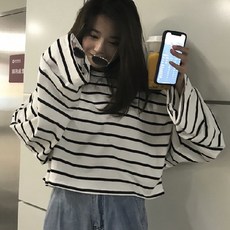 PEONIST 女款條紋短版寬鬆長袖T恤