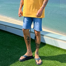 파이브라지 빅사이즈 뒷밴딩 세미 디스트로이드 워싱 하프 청반바지