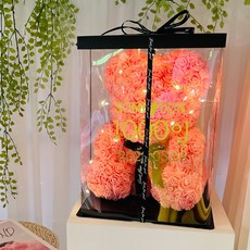 Lovely Farm 花朵熊娃娃 + 專用盒 + 緞帶裝飾 + LED燈泡 + 字母貼紙 全套組 紀念日 L, 珊瑚色, 1個