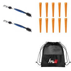 NAYASTYLE 高爾夫球桿頭清潔器 2件 + 塑膠高爾夫球釘 10件 + 收納袋組合 GFYP-10-5+185-4PU, 藍色(清潔器), 橘色(球釘), 13個