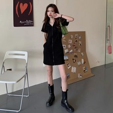 Elsso 連帽拉鍊迷你洋裝, 黑色