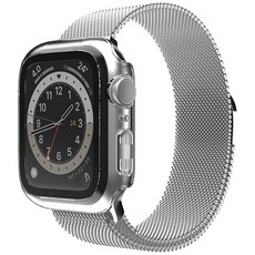 SINJIMORU Apple Watch磁性金屬錶帶+9H全蓋錶殼, 水晶透明）錶殼），銀色（錶帶）
