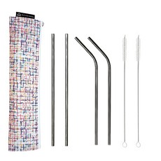 不鏽鋼直吸管 黑色 2入+彎曲不鏽鋼吸管 黑色 2入+清洗刷 2入+防水袋, 1套