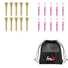 NAYASTYLE 高爾夫木質短球梯 10入 + 塑膠高爾夫超長球梯 粉紅色 10入 + 收納袋套組 GFYP-182-1 178-3PU, 混色