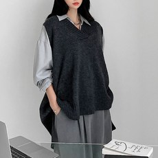 針織女款寬鬆版羊毛側開衩不對稱針織長版奇蹟背心
