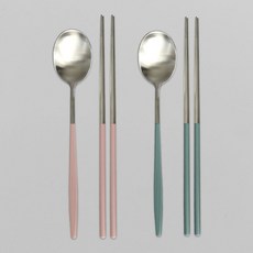 프렐류드 다비데 2인 수저 세트, 인디핑크 + 그린, 숟가락(2p) + 젓가락(2p), 1세트
