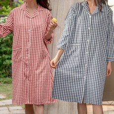 테라우드 여성용 로브 코튼 체크 원피스 잠옷 2p