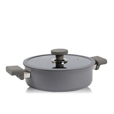 Kitchen-Art 電磁爐適用Beauty系列鑽石塗層雙耳淺湯鍋+玻璃鍋蓋, 灰色, 24cm