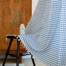 G&Y 基本款格紋圖案流蘇窗簾, 藍色