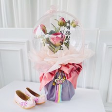 山茶花玫瑰花氣球花束 25cm+LED燈+零用錢收納袋 30入+裝飾品+購物袋+文字貼紙, Furoshiki shape_camellia rose_peach，刻字黑色，假期, 1組