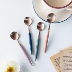 Bogen 艾菲爾玫瑰金茶匙4件組 E款, 橄欖色、深粉色、焦糖色、海軍藍, 1套