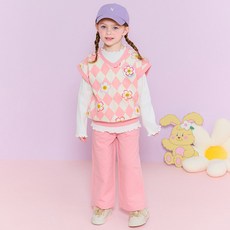 hejmini 女童款花朵印花菱格紋背心+長褲套裝