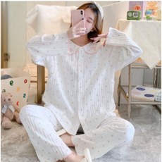 Get It Blue純棉開襟衫花朵長袖孕婦哺乳睡衣上下套裝