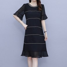 ATTERLIC 圓領條紋雪紡蕾莉連身裙 00202 含大尺碼, 黑色