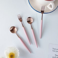 Bogen 艾菲爾餐具2件組 玫瑰金 + 淺粉色, 1套, 茶匙 2p + 茶叉 2p