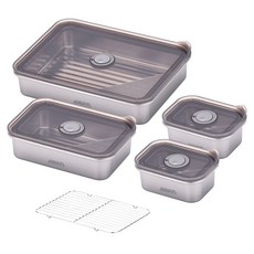 KITCHEN FLOWER One Touch 304不鏽鋼真空轉盤保鮮盒組, 保鮮盒 一般型 4種+不鏽鋼網架, 1組