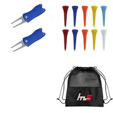 NAYASTYLE 高爾夫果嶺叉修補器 2入 + 塑膠高爾夫短球梯 10入 + 收納袋套組 GFYP-41-4+167-1PU, 藍色(修補器), 隨機出貨(高爾夫球梯)