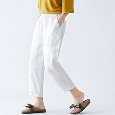 I CAN SIMPLE 女款舒適亞麻棉鬆緊帶九分哈倫褲