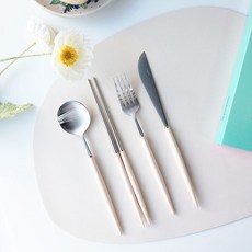 보겐 에펠 커트러리 양식 1인 세트, 실버 + 크림, 디너스푼 + 젓가락 + 디너포크 + 디너나이프, 1세트