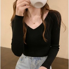마켓에이 여성용 브이넥 골지 긴팔 니트