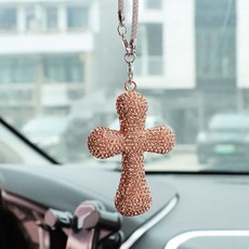 오토크루 차량용 크리스탈 큐빅 룸미러 십자가 펜던트, 샴페인골드, 1개