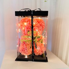 可愛玫瑰熊+包裝盒+LED燈串+裝飾貼紙, S尺寸，文具畢業，珊瑚色, 1組