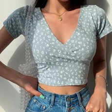 몬드스팟 여성용 잔꽃 브이넥 크롭 숏 반팔 티셔츠 MON
