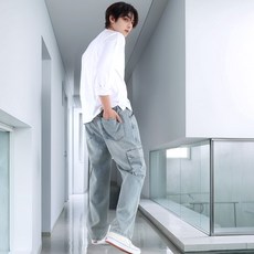 보이투맨 남성용 와이드핏 워싱 카고 밴딩 데님팬츠 ND90