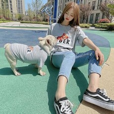 清新甜美 寵物狗 + 飼主 小熊情侶裝 T恤套組, 灰色
