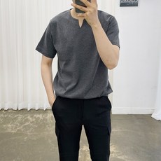 아도르클래식 남성용 브이 트임 헨리넥 부드러운 스판 반팔티