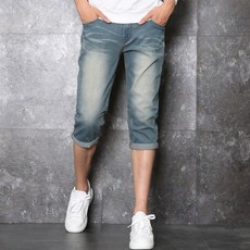 PANT'S HOUSE 男款皮革補丁修身彈力7分牛仔褲