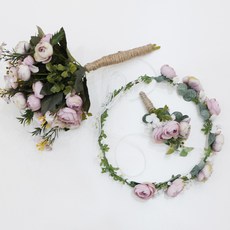 DANIELA Self-Wedding Harmony 復古毛茛花束+花冠+胸花套組, 混色