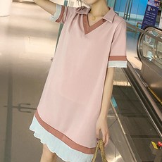 孕婦V領拚色短袖連身裙