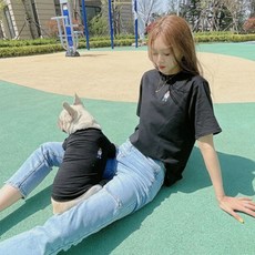 寵物狗親子衣服組-單色短袖T恤款, 黑色