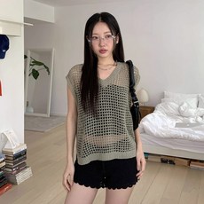 Chic Black 女款 Diira 寬鬆版型開衩V領網眼針織背心 cpvt1363k54