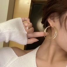 젤루나 여성용 플랫 더블 라인 심플 후프 원터치 링귀걸이 양쪽 세트 P-591