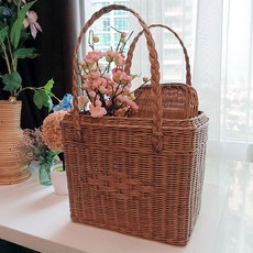 Rattan Shop 藤編手提附蓋藤編野餐籃 35 x 25 x 30 cm J055L, 1個, 棕色