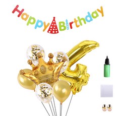MINITTINE 皇冠派對數字4氣球 金色 81cm + Happy Birthday彩虹掛旗 + 皇冠氣球 金色 + 亮片乳膠氣球 3入 + 金色乳膠氣球 2入 + 氣球點膠 + 金色緞帶 + 玫瑰金緞帶 2入 + 打氣筒隨機出貨組合, 混合色, 1套