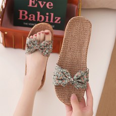 MAME 蝴蝶結花朵亞麻藤編拖鞋, 卡其色, 1個