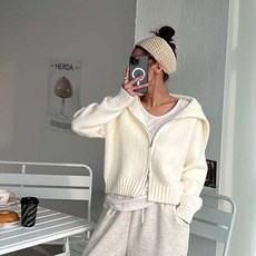 NANING9 女款V型羊毛翻領針織拉鍊外套, 乳白色