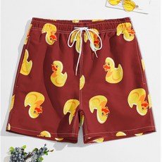 男款獨特圖案海邊旅行短褲 紅色鴨子