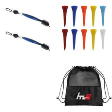 NAYASTYLE 高爾夫球桿頭清潔刷 2入 + 塑膠高爾夫球釘 10入 + 收納袋組合 GFYP-10-5+167-1PU, 藍色(清潔刷), 隨機出貨(球釘), 1套