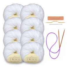 미소털실 트와이즈 뜨개실 8p + 가죽라벨 + 바늘 패키지 세트, 1세트, 401 화이트