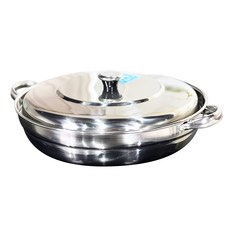 電磁爐適用不鏽鋼雙耳淺湯鍋+鍋蓋組, 3號(直徑240mm*高75mm), 銀色