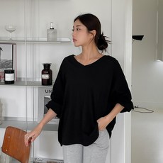 디아미뇽 여성용 하늘 브이넥 오버 슬라브 티셔츠