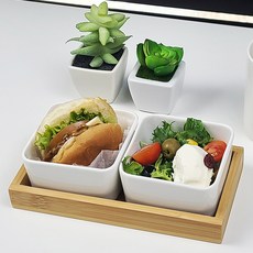 PAULUS 獨食上菜碗套組 小, 1組, 正方形碗 + 木托盤, 白色 + 原木色