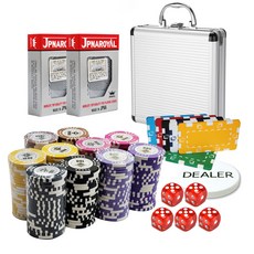 籌碼 100入+鋁盒+撲克牌 2入+方形籌碼 4入+莊家籌碼+ 鑰匙 2入+骰子 16mm 5入, 銀色（盒）、隨機發貨（方片）、透明（骰子）