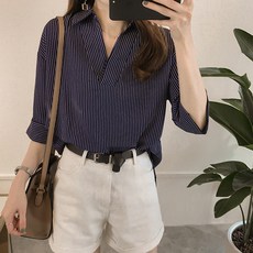 Soleil 開領條紋5分雪紡襯衫