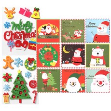 聖誕快樂卡片9款套組 + 聖誕不織布貼紙2入組, 隨機出貨(卡片內部, 卡片信封, 貼紙), 1套