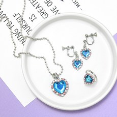 愛心造型項鍊+耳環+戒指 藍色